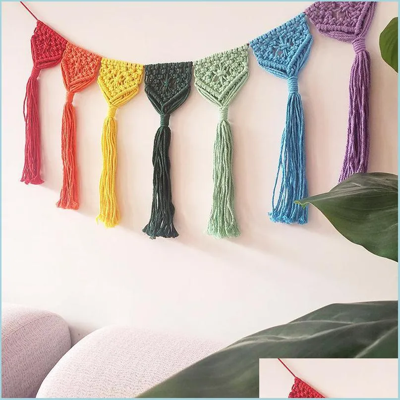 tapestries handwoven rainbow tassel color pocket background living room decorative cotton and linen simple fashion home pendant