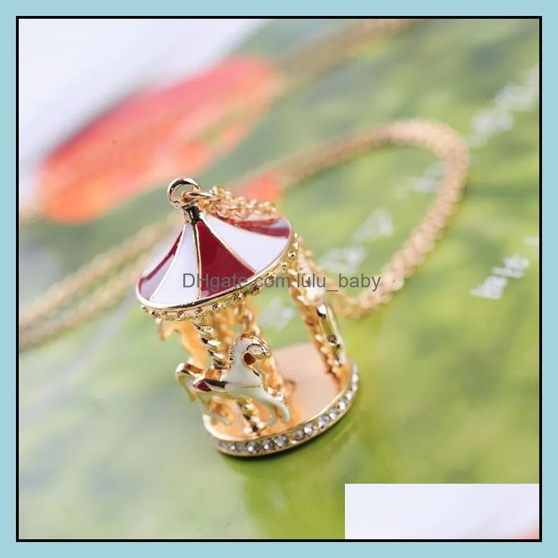 carousel horse pendant necklaces fashion gold chain necklace women crystal sweater jewelry accessories