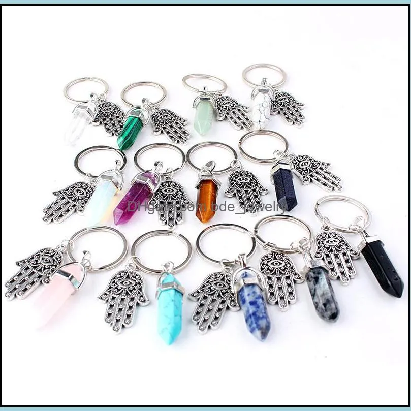 keyring jewelry healing crystals amethyst rose quartz bead chakra healing point women men natural stone fatima hamsa keychain 907