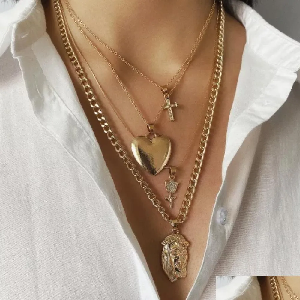 women multi layer necklace stacked portrait embossed necklaces heart roses cross vintage pendant necklace