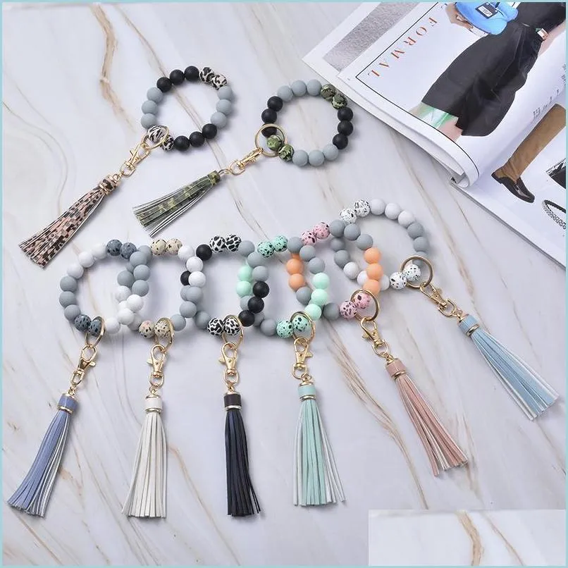 silicone wooden beads key chain multicolor tassel bracelet keyring large circle keychains wristlet jewelry 119c3