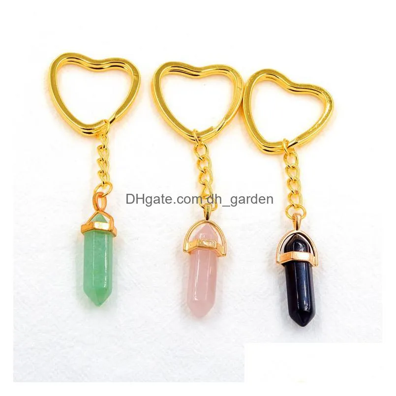 gold hexagon prism reiki healing natural stone keychains chakra amethyst pink rose crystal heart key rings keyrings women men jewelry