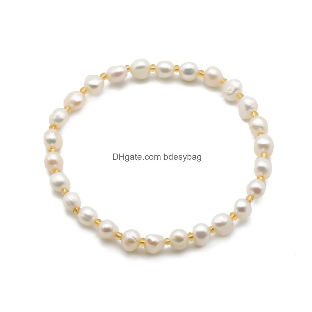 handmade pearl strand bracelet 67mm pearls stretch bracelets with gold beads for women jewelry love wish gift