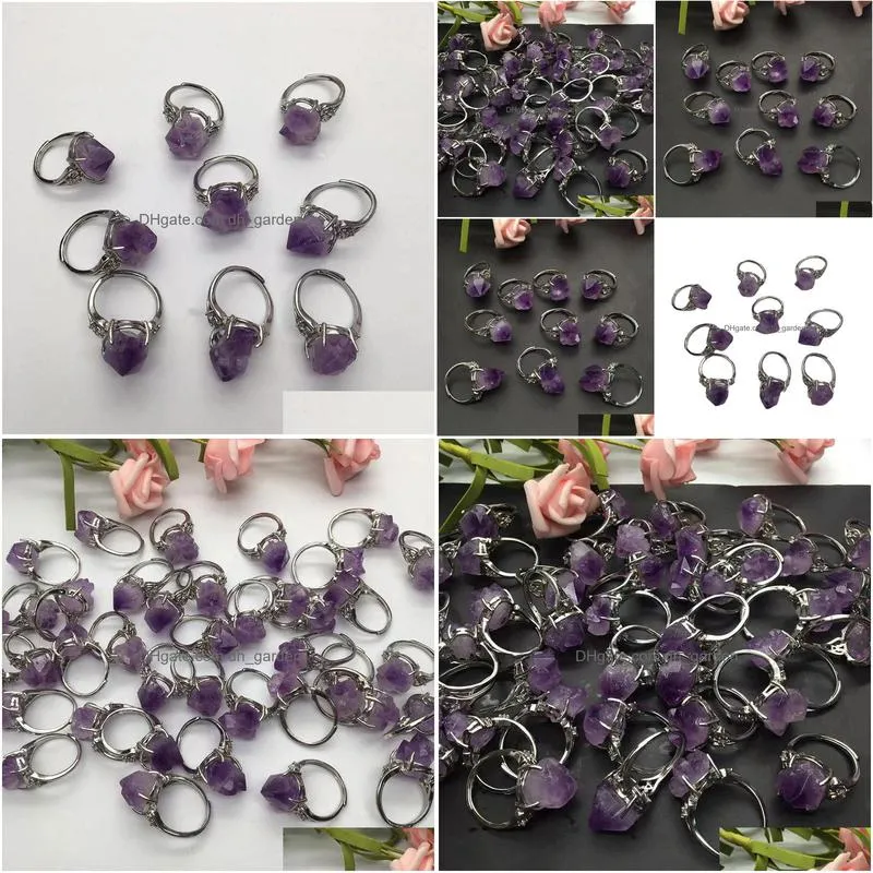 natural vintage amethyst cluster ring crystal rough stone flower adjustable energy silver jewelry sets accessorl gift punk