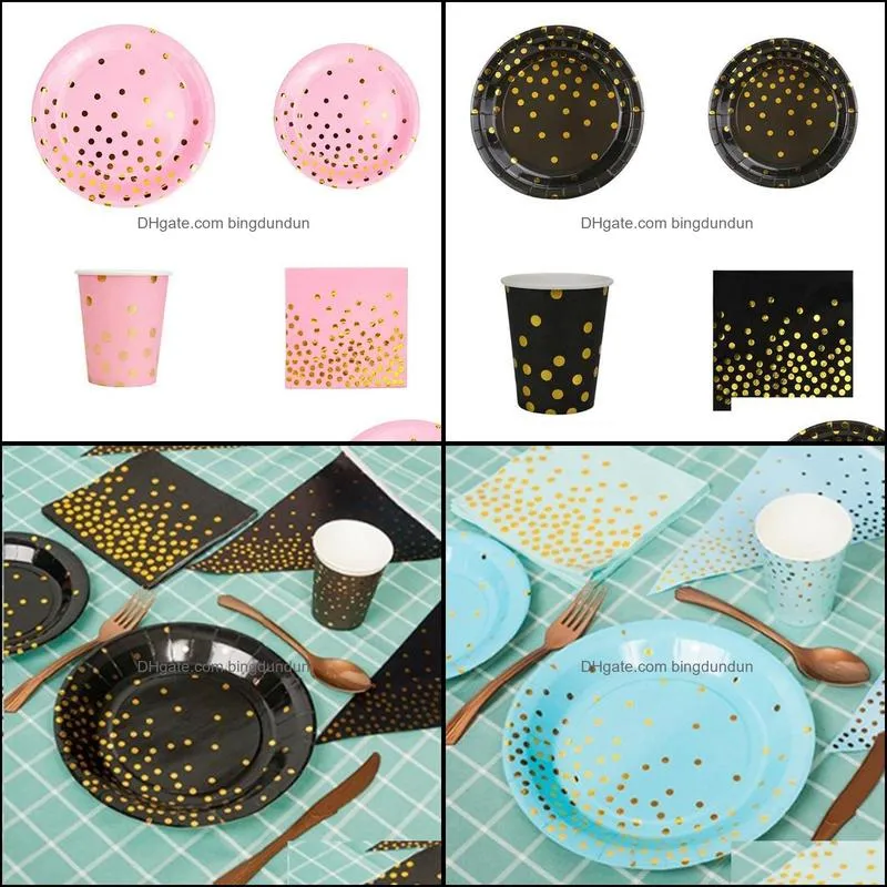 set stamping disposable tableware happy birthday party decor kids wedding pink black dinnerware sets