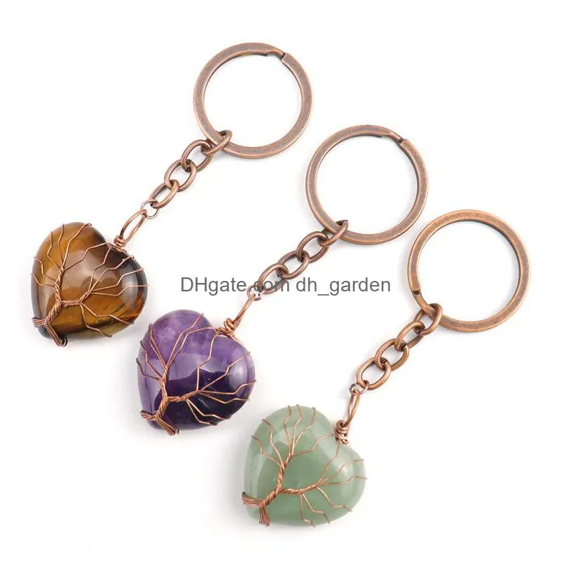 retro handmade tree of life key rings heart natural stone healing crystal quartz keychain keys chain key ring