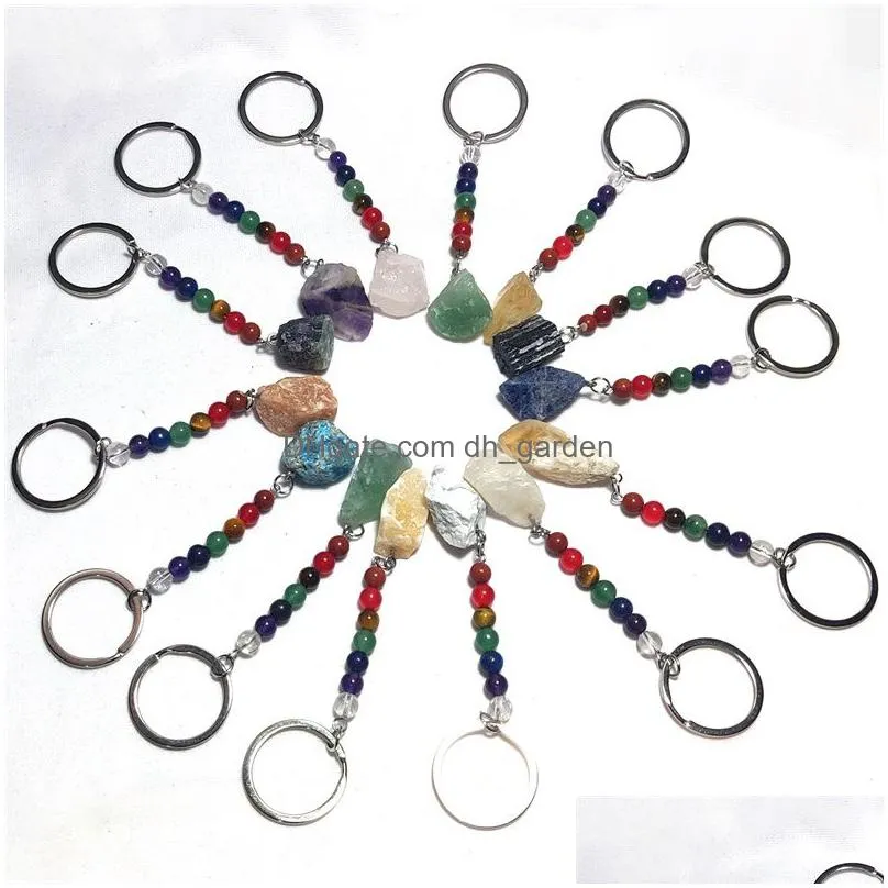 irregular raw ore stone key rings 7 colors chakra beads chains gem charms keychains healing crystal keyrings for women men