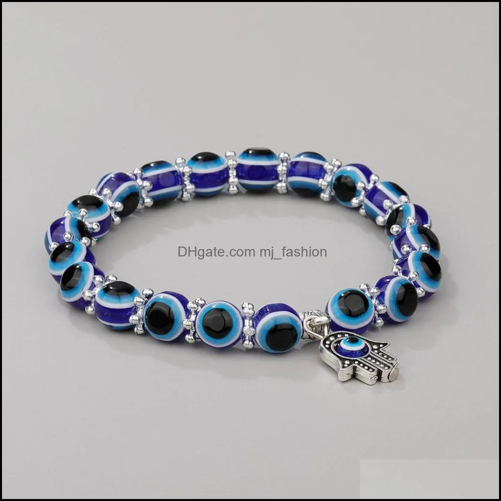turkey evil blue eyes beaded bracelets chain hamsa hand charm elastic bracelet bangles wholesale jewelry