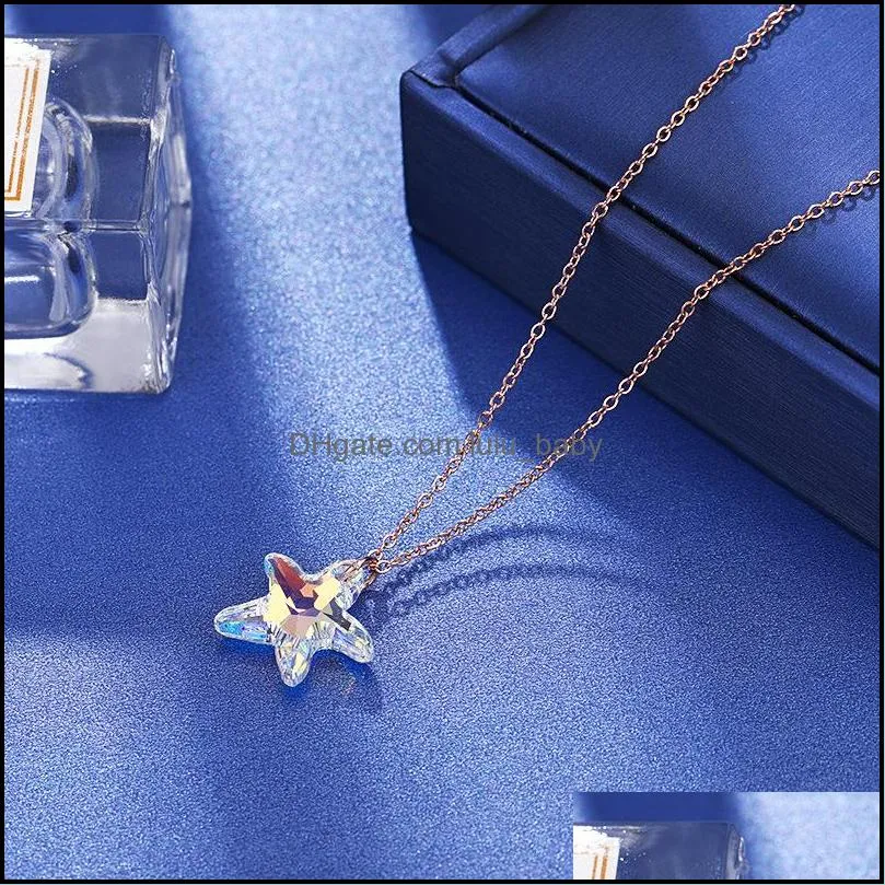 crystal glass starfish pendant necklace for women transparent austrian shining crystal star charm necklace jewlery gifts 2019