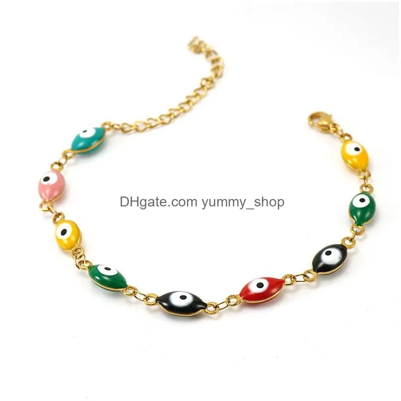 fashion jewelry 18k gold plated stainless steel oval evil eye bracelet beaded blue eye bracelets