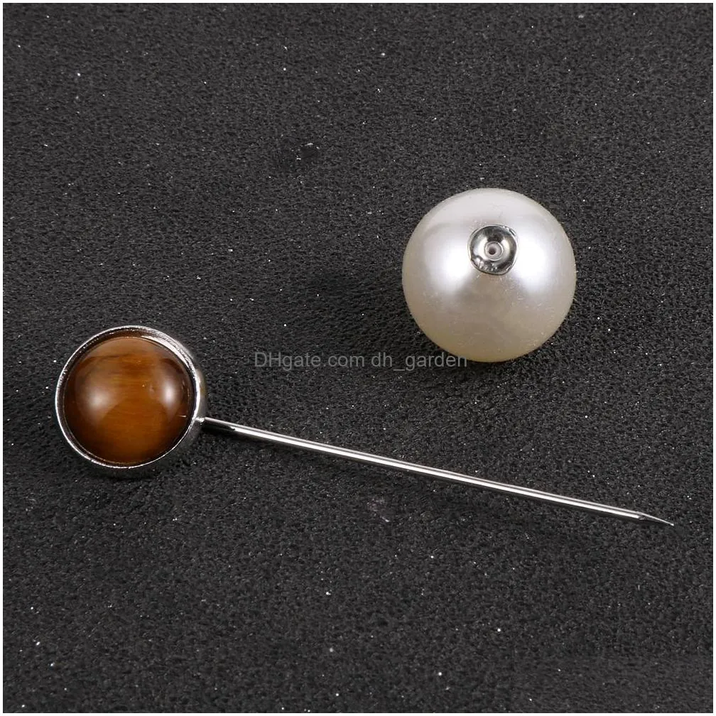 12mm natural stone onyx crystal tiger eye brooch imitation pearl safe pins bag hat clothes lapel brooches badge jewelry