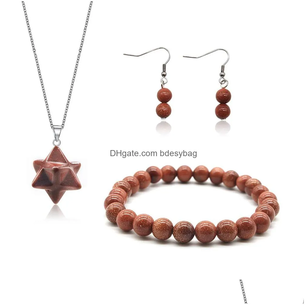 star point merkaba symbol natural stone pendant necklace bracelet earrings set crystal quartz healing meditation cube gemstone jewelry sets for