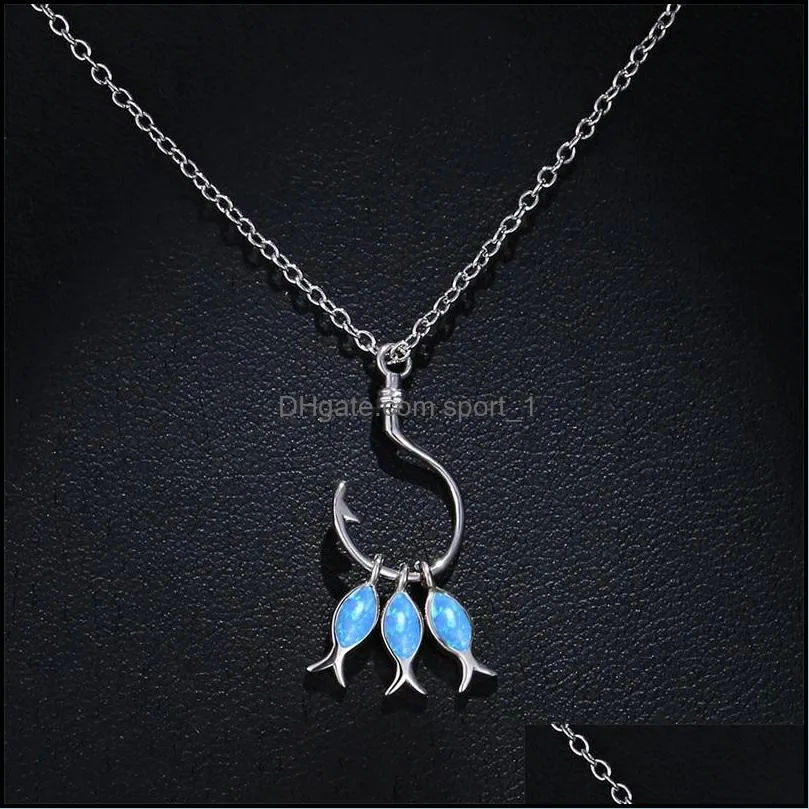 pendant necklaces blue fire opal three fish hook necklace for gift 1825 t2