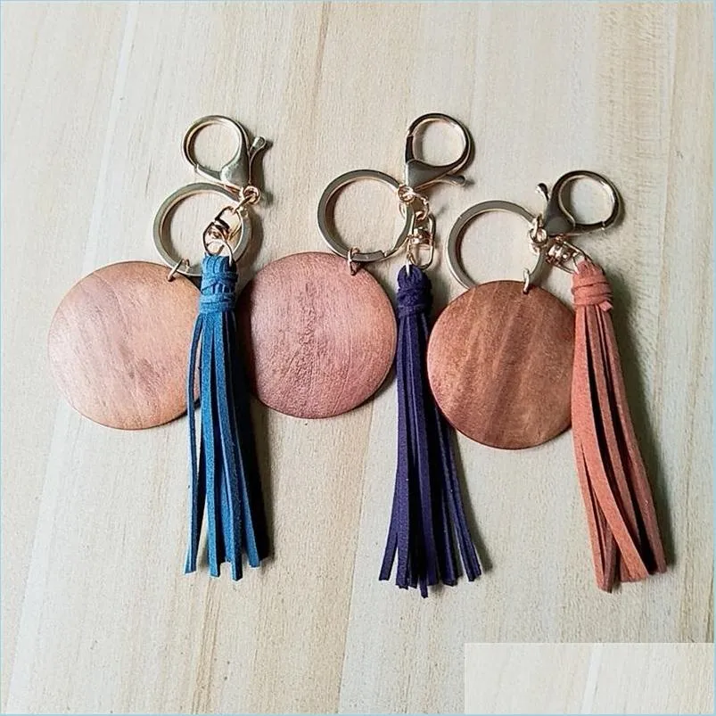tassels circular wooden keyring 5cm pendant decorative key chains women jewelry gift delicate solid color 3 3tw q2