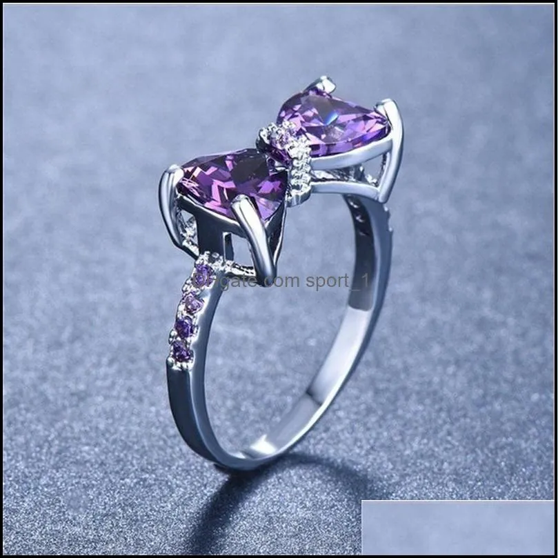 silver color purple bow ring for women cute cubic zirconia rings fashion jewelry gift c3