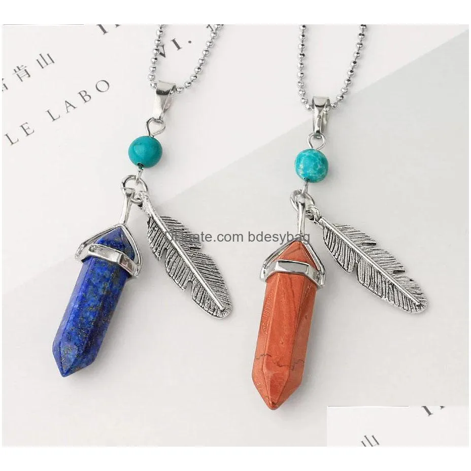 natural stone tower pendant with feather plated charm healing column gemstone pendants for necklaces women sweater necklace statement