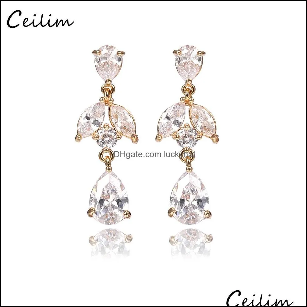 austrian clear cubic zirconia earrings for women 2019 flower shaped bridal wedding earring dangle ear party wedding bridal jewelry