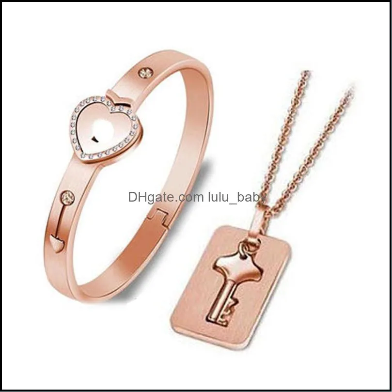 couple lovers jewelry love heart lock bracelet stainless steel bracelets bangles key pendant necklace valentines day gifts