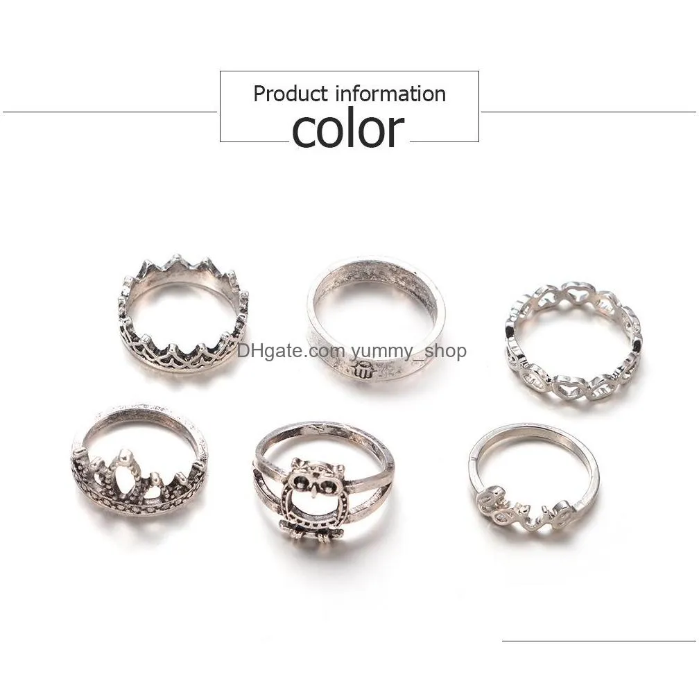 fashion jewelry ancient silver knuckle ring set owl crown love heart rings midi rings set 6pcs/set