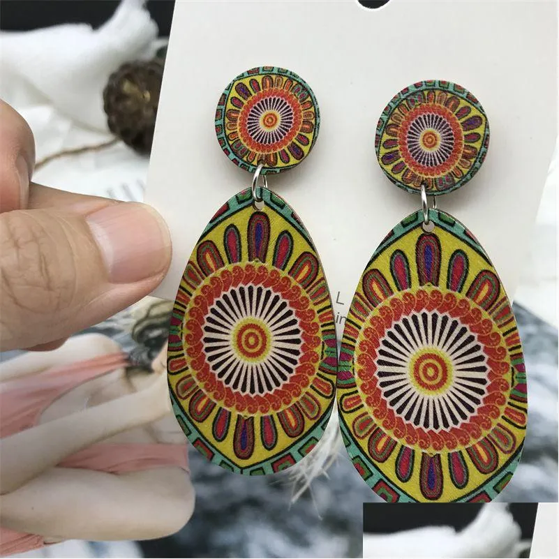 bohemian fashion jewelry dangle earrings for women retro painting water drop wood earrings