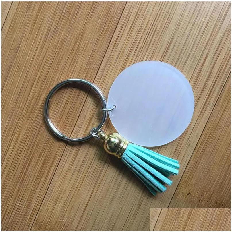 4cm keychains party favor fashion transparent acrylic circular key buckles suede tassel keyring highly quality knapsack 2 45tw g2