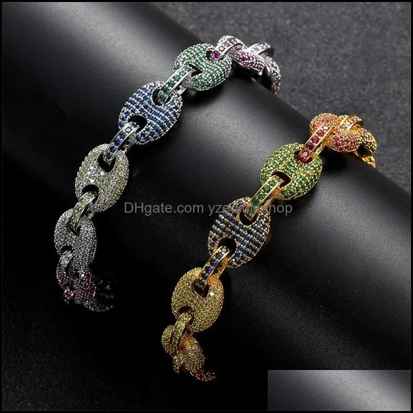 hip hop bracelets exquisite bling multicolor zircon bracelets fashion men 18k gold plated button chain bracelets jewelry