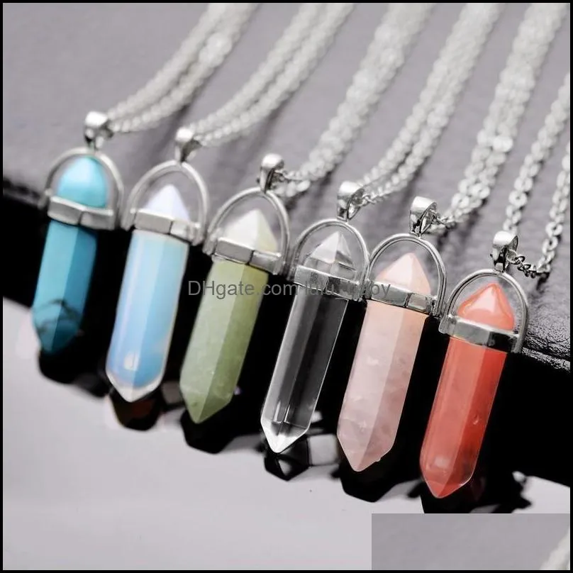 silver chains necklaces jade amethyst turquoise topaz rose quartz healing crystal natural stone pendant necklaces