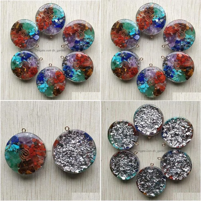 resin retro reiki healing chips stone charms natural 7 chakras orgone energy round pendants wholesale