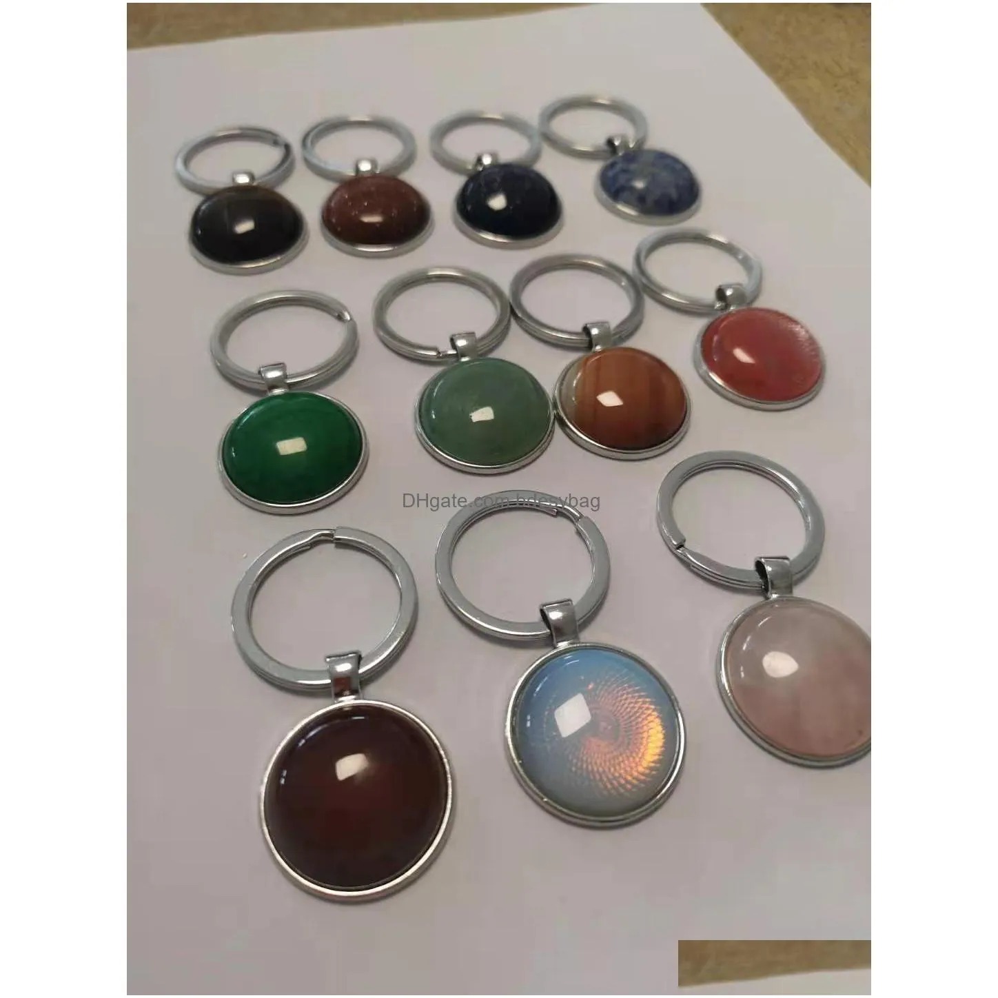 round gemstone keychain silver plated key ring with natural stone quartz crystal tiger eye healing crystal beads keyring