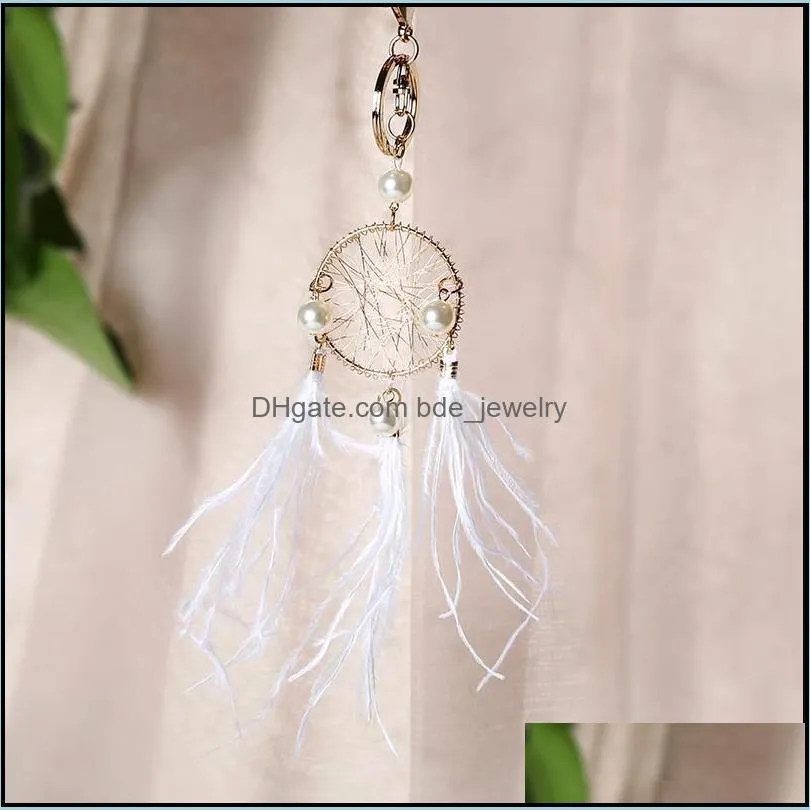 pearl feather key chains holder dreamcatcher pendants car keychain for girls women bag hanging fashion charm key rings accessories 906