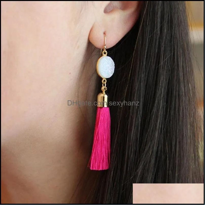 fashion handmade bohemia colorful tassel dangle earrings natural resin druzy stone pendant earring for women gold plated hook jewelry