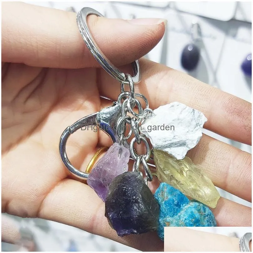 natural rough raw ore stone set key ring keychain fluorite crystal quartz women men car holder mineral keyrings jewelry