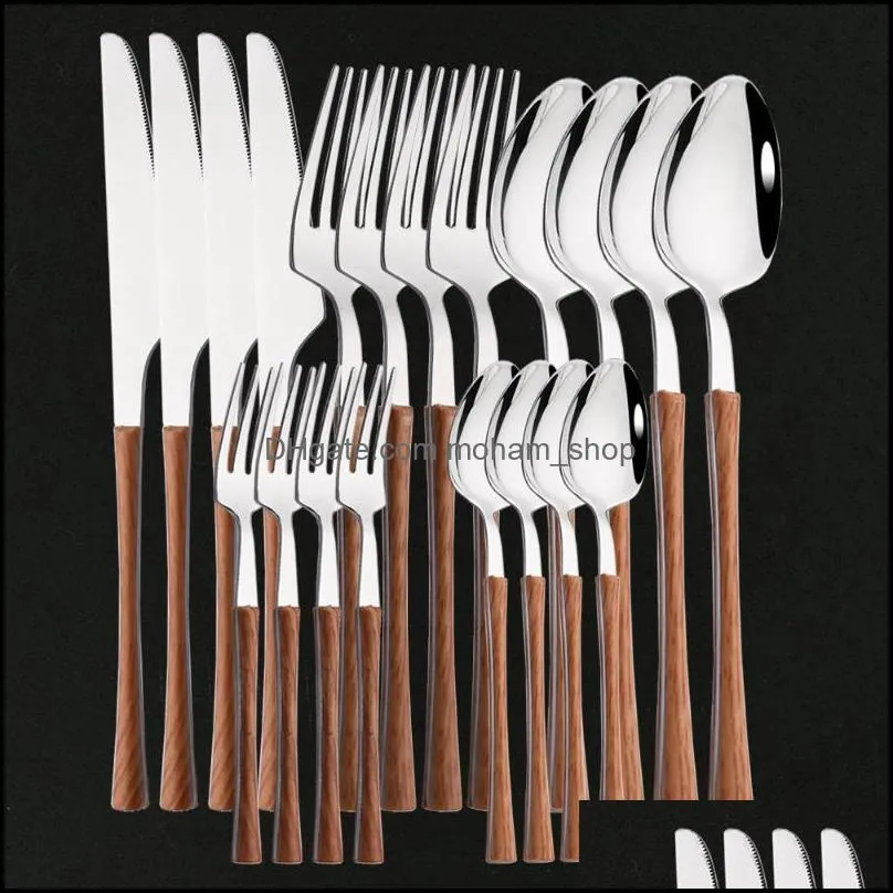 flatware sets tableware glossy wood silver dinnerware set stainless steel western silverware knife fork teaspoon cutlery setflatware