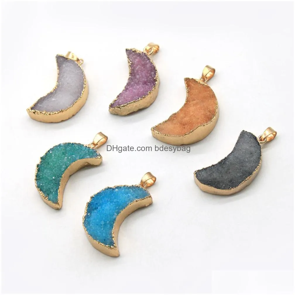 5pcs mixed natural stone pendant agate heart moon leaf shape gemstone pendants gold plated for necklace women jewelry gifts