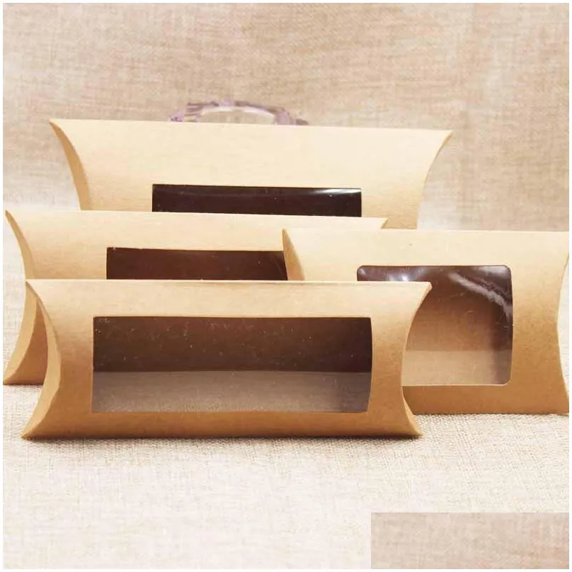 kraft pillow box with clear pvc window black brown white pillow shape handmade candy soap packaging box 255 n2