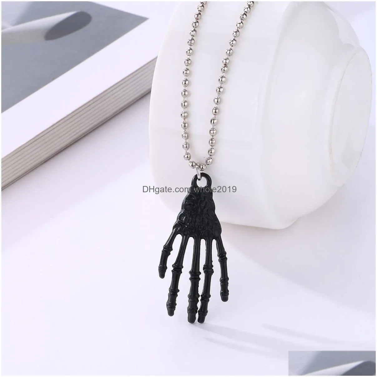 halloween silver black skeleton hand pendant necklace for men women choker necklaces 2pcs/set