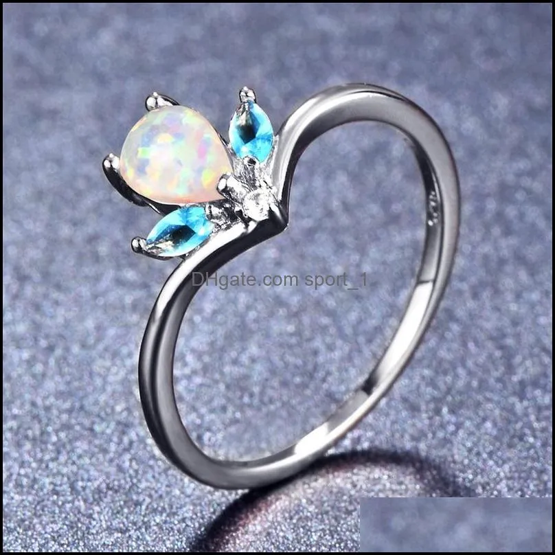 luckyshine 3 pcs mother gift drop white crown fire opal crystal gems ring 925 sterling silver plated wedding party rings for women 3523