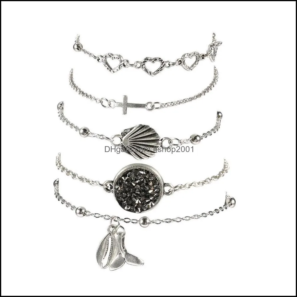 multilayer bracelet set cross geometry set female love heart shell fishtail charms bracelets