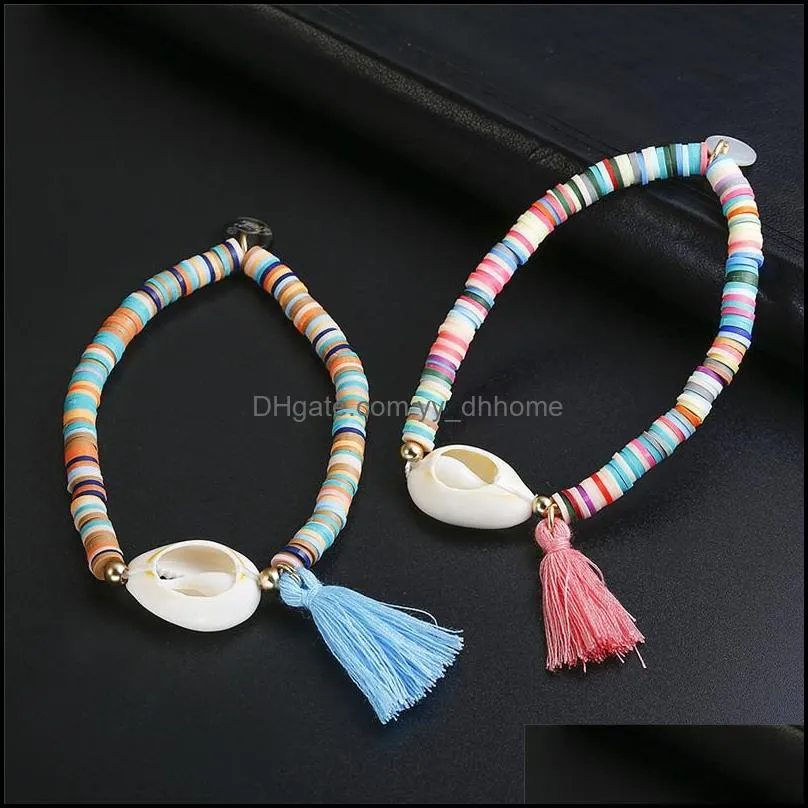 trendy white shell elastic bracelet bohemian colorful clear stone polymer clay beaded bracelets for women holiday seashell beach jewelry