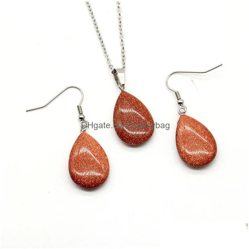 teardrop gemstone pendant necklace and earrings healing crystal natural stone jewelry set for women