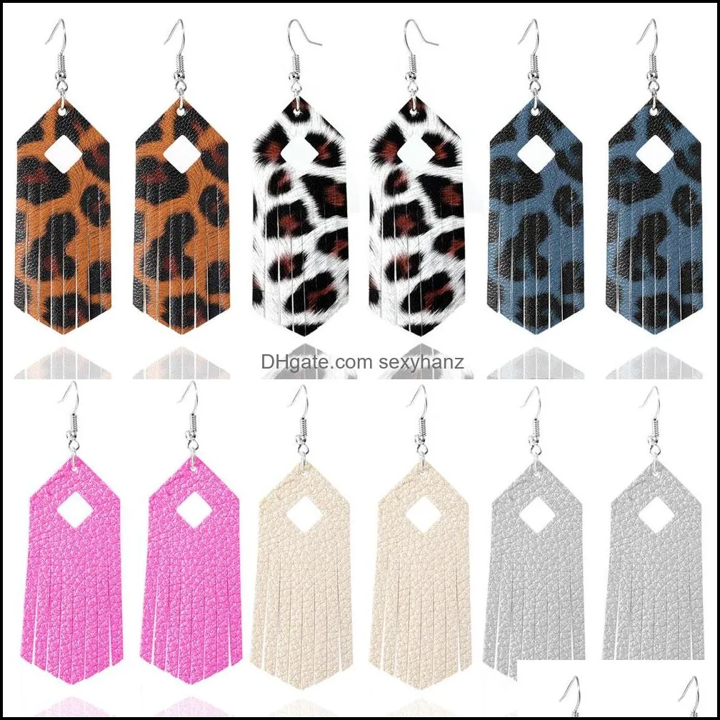 2020 rhombus pu leather earring tassel leopard print geometric dangle earrings for elegant girls women europe africa boho female