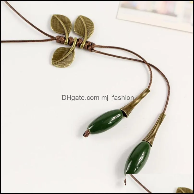 miage ethnic handmade ceramic glaze bead fruit ancient bronze color feathers leaves sweater necklace women fashion accessory