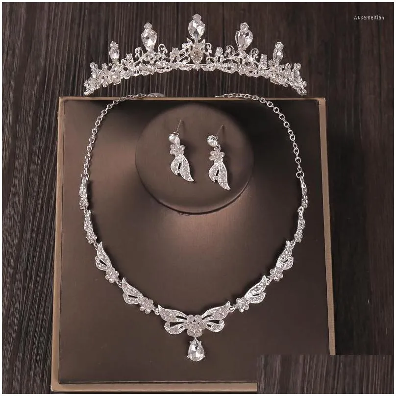 hair clips 3pcs rhinestone crystal bridal jewelry sets necklace earring tiara crown set wedding accessories african bead