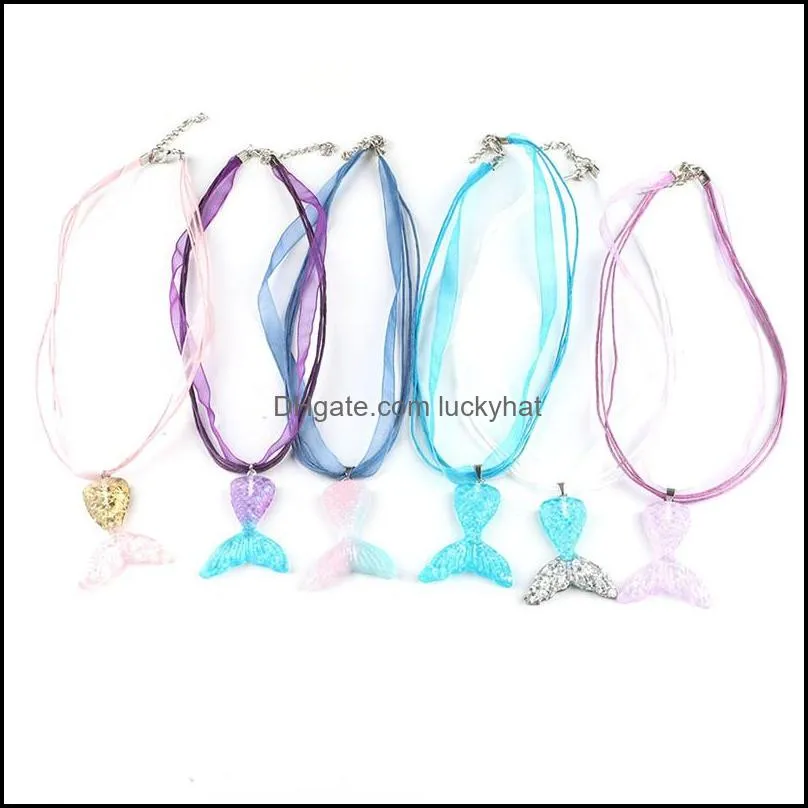 fashion mermaid fish tail necklace beauty gardient color resin fish tail pendant ribbon wax rope necklace for girls women gifts