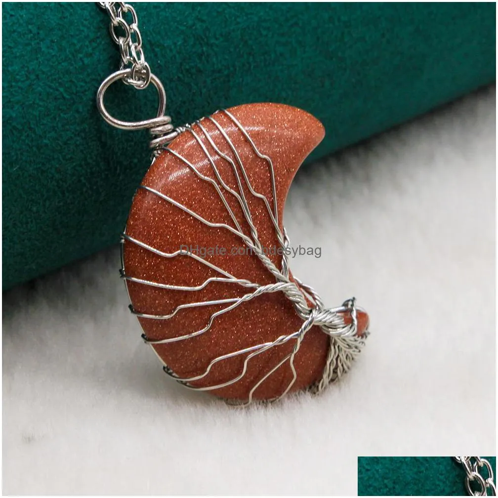 life tree moon stone pendant natural gemstone wire style for necklaces girls luck jewelry love wish gift