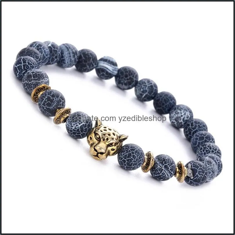 leopard head alloy beaded strands bracelets 8mm weathering black agate bracelet for men and women simplicity exquisite jewelry gift gold sliver 4 5zm