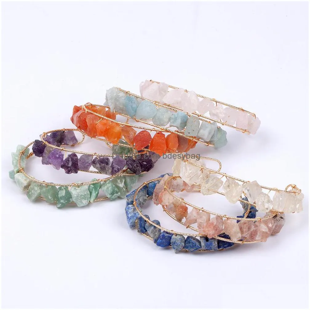 natural chips stone beaded strand bracelet gold plated wire crystal quartz amethyst gemstone bangle jewelry for women