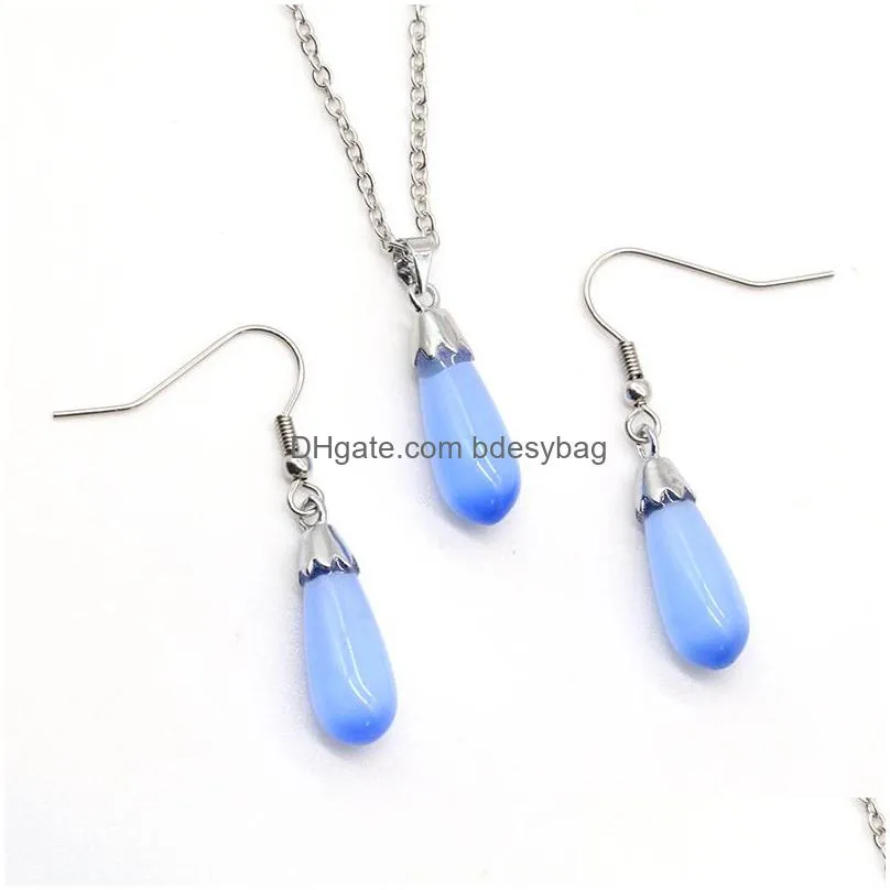 teardrop gemstone pendant necklace and earrings natural crystal cat eye stone necklaces jewelry set for women