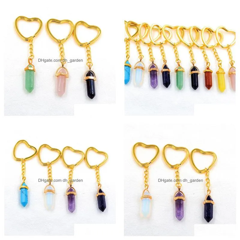 gold hexagon prism reiki healing natural stone keychains chakra amethyst pink rose crystal heart key rings keyrings women men jewelry