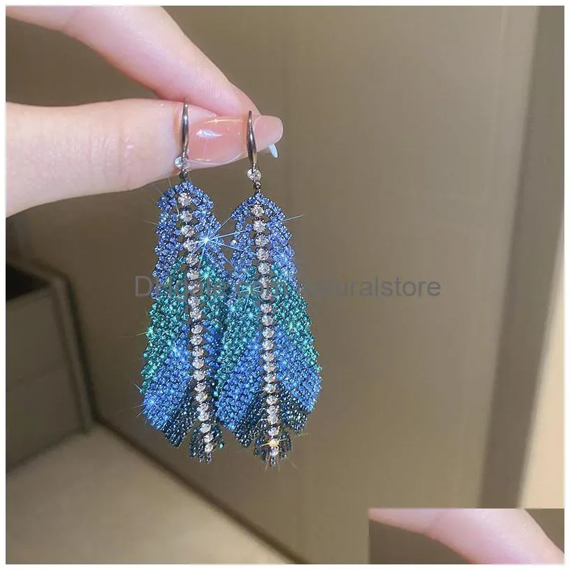 dangle earrings fyuan long tassel drop for women feather style blue rhinestone fashion jewelry accessories